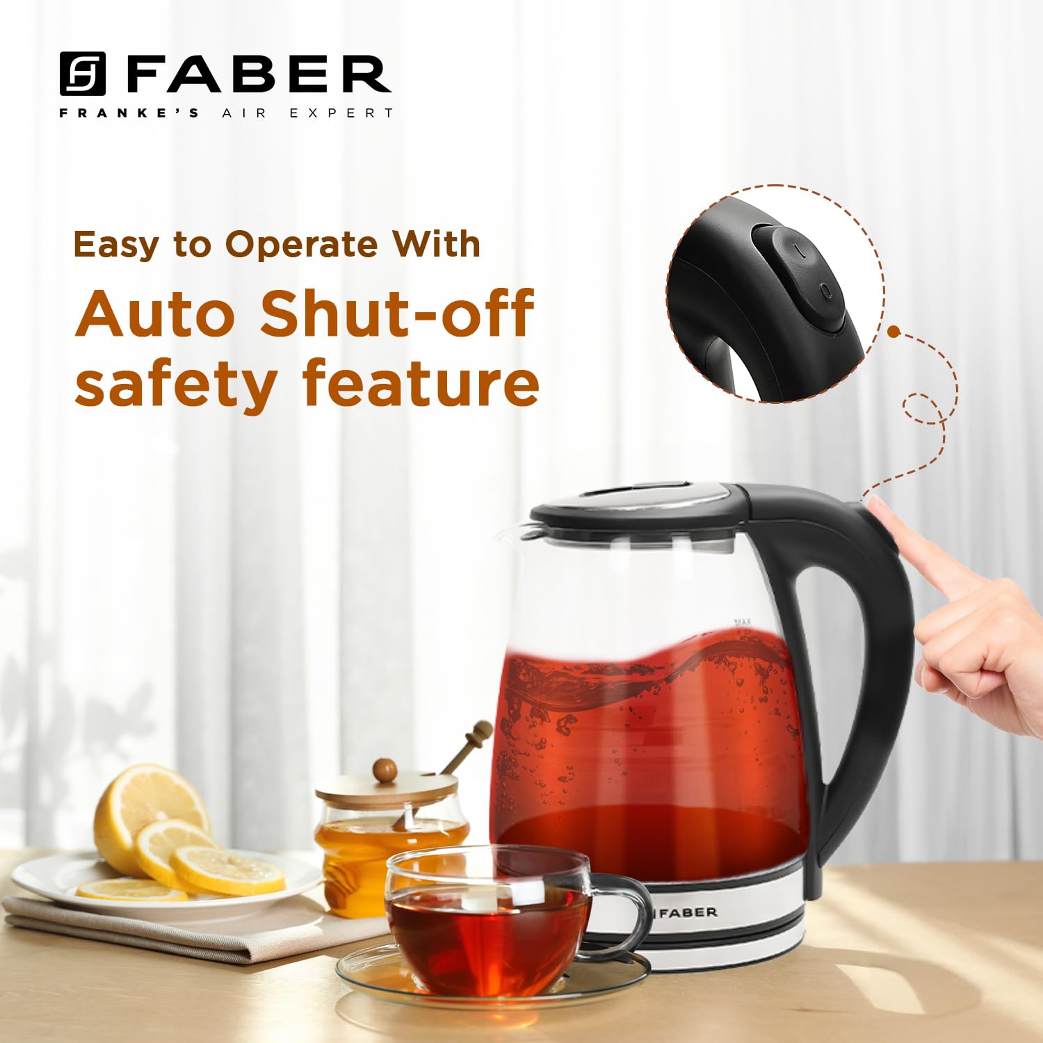 Faber 1.8L Electric Glass Kettle 1500W 2mm Borosilicate Glass